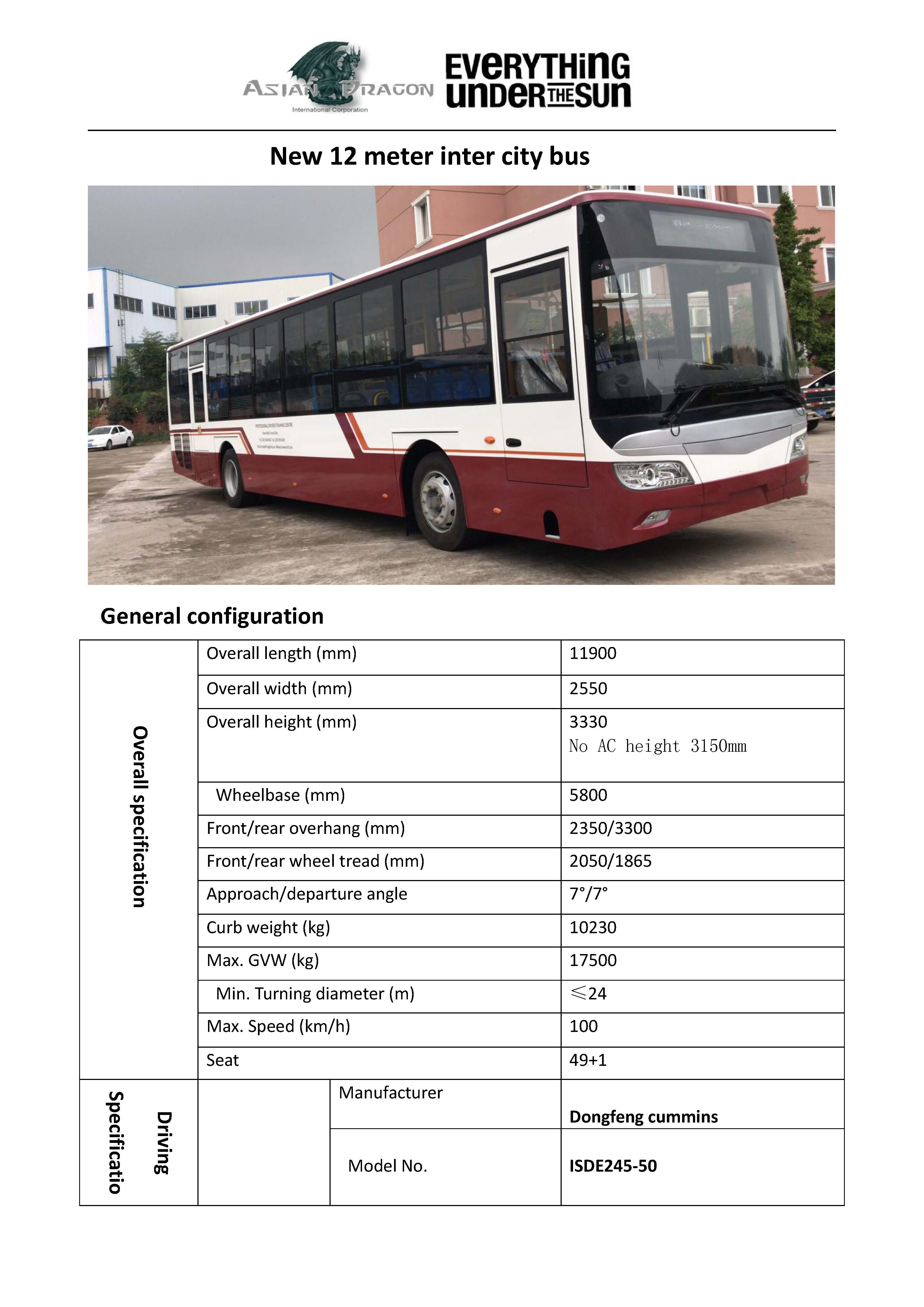 Specification of the 12m inter city bus