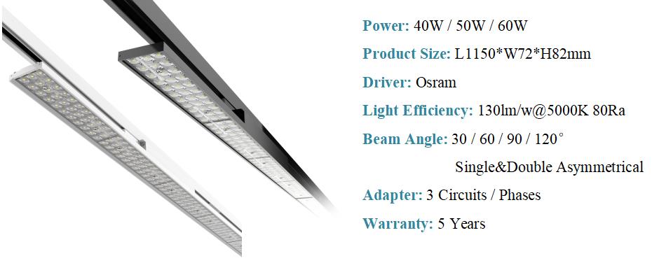 1.15M 40-60W Linear LED Track Light - Osram Driver with 30-120°,Single&Doubel Asymmetrical Beam Angles