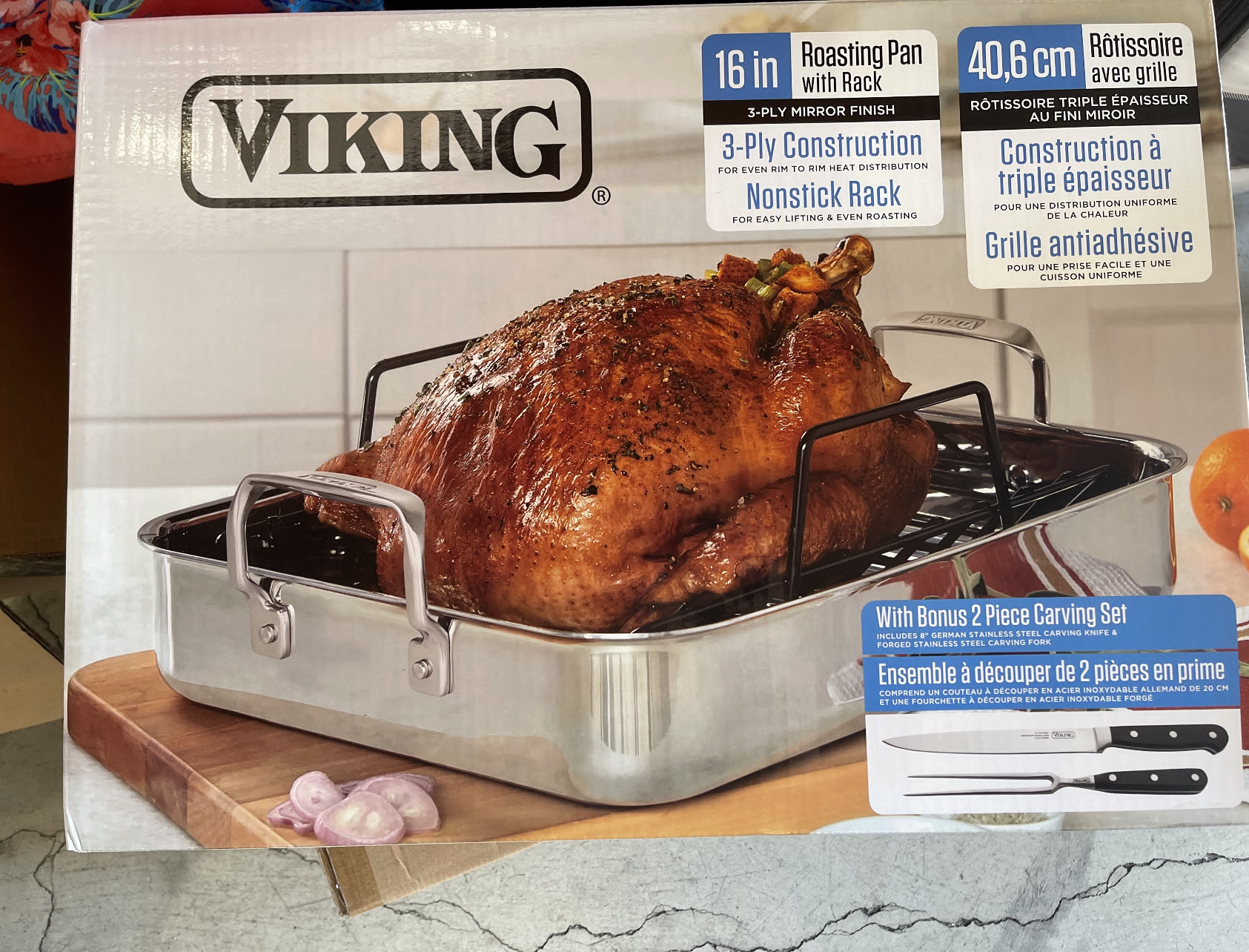 Viking 3-Ply Stainless Steel Roasting Pan with Nonstick Rack + BONUS Carving Set- 300 Units Brand New - $130 on AMZ