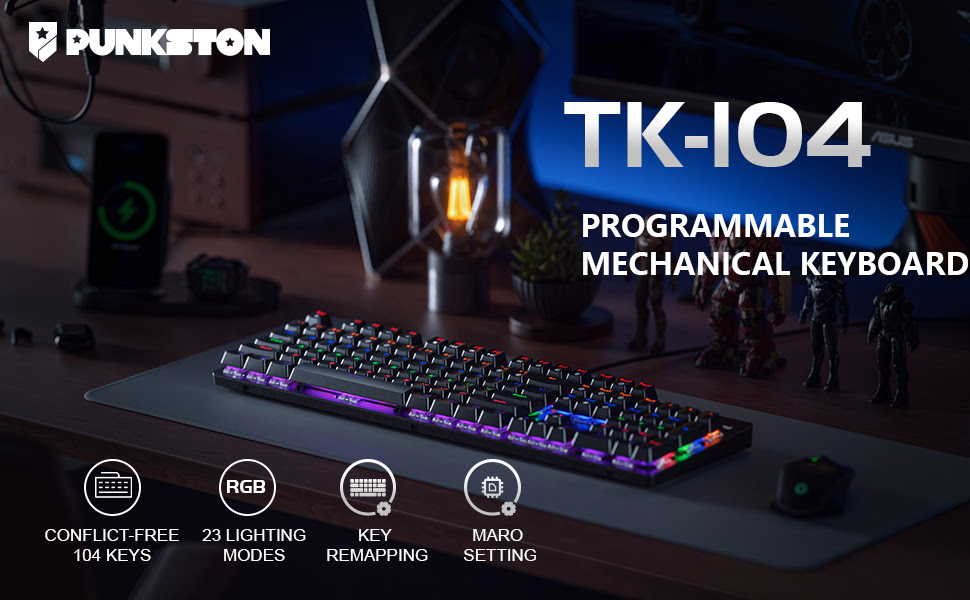 TK104 Mechanical Gaming Keyboard with Metal Panel, RGB Rainbow Backlit,                               