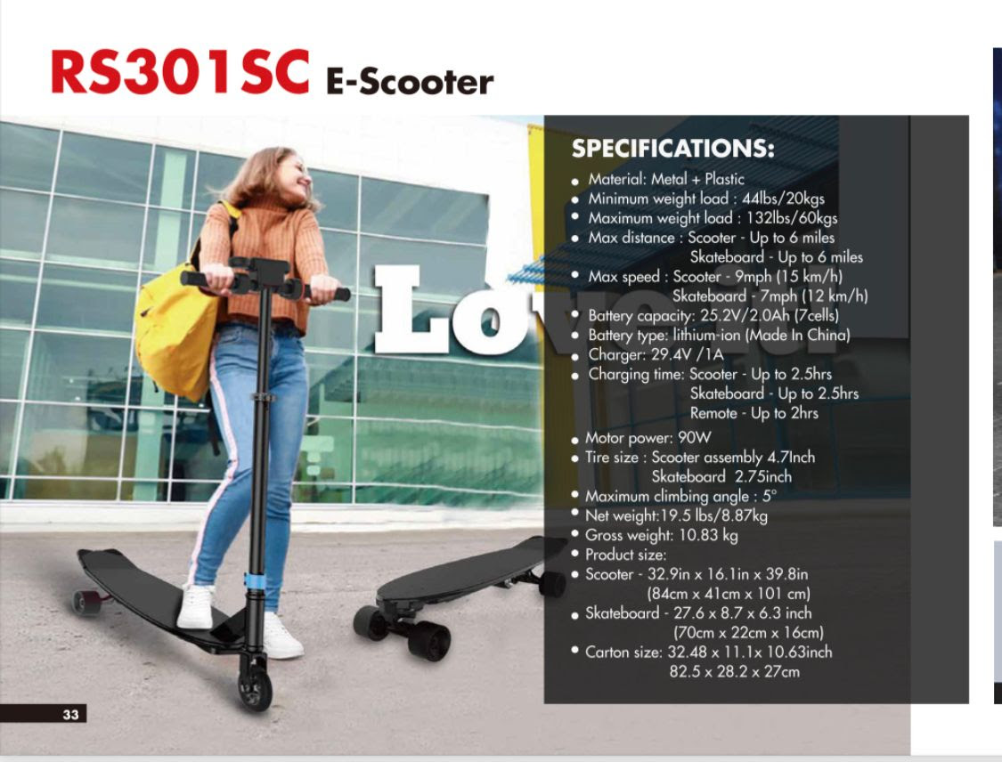 RS301SC E-Scooter. 300 units. EXW Los Angeles $150.00 unit.