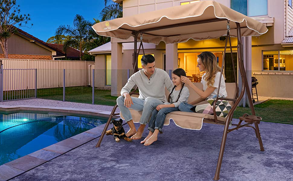 3 Person Swing Chair, Porch Swings Bench, Canopy Glider, with Adjustable Tilt, Extra Thick Removable Cushion                               