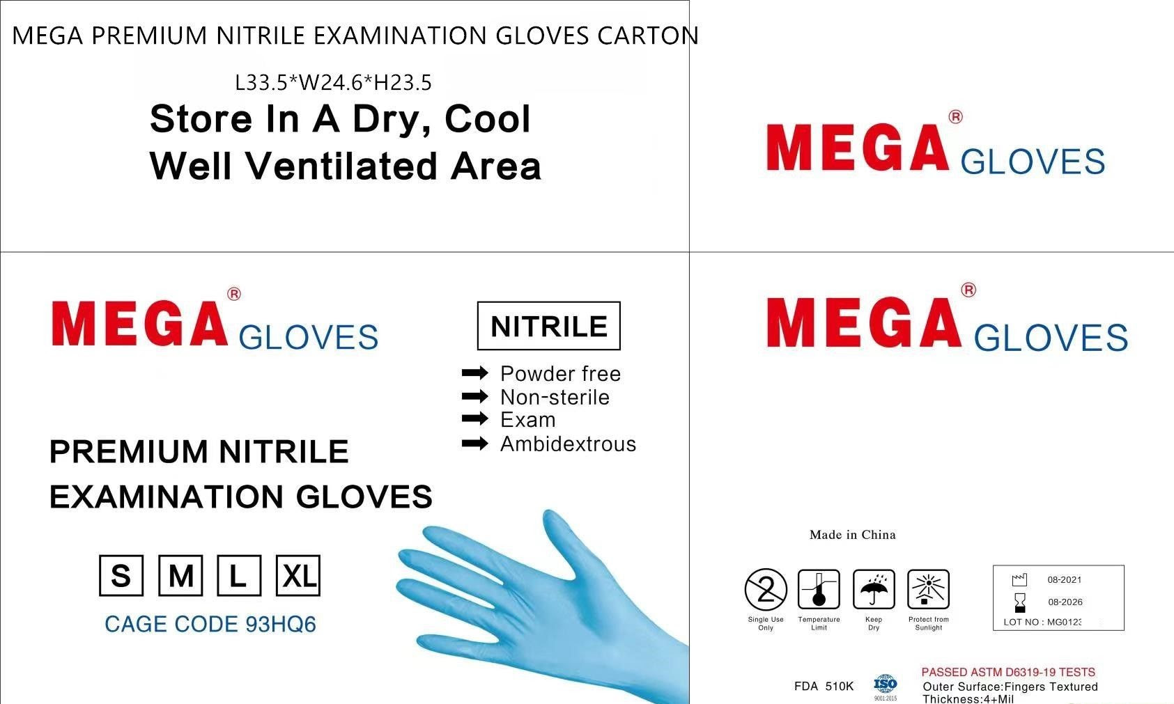 Mega Disposable Power Free Nitrile Gloves with FDA 510K. 224250Boxes. EXW Los Angeles box of 100gloves.