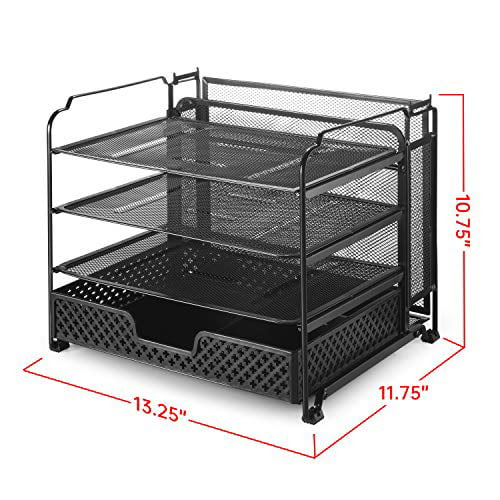 Simple Trending 4-Trays Mesh Office Supplies Desk Organizer, Desktop File Holder with Drawer Organizer and Vertical Upright Section for Office Home, Black