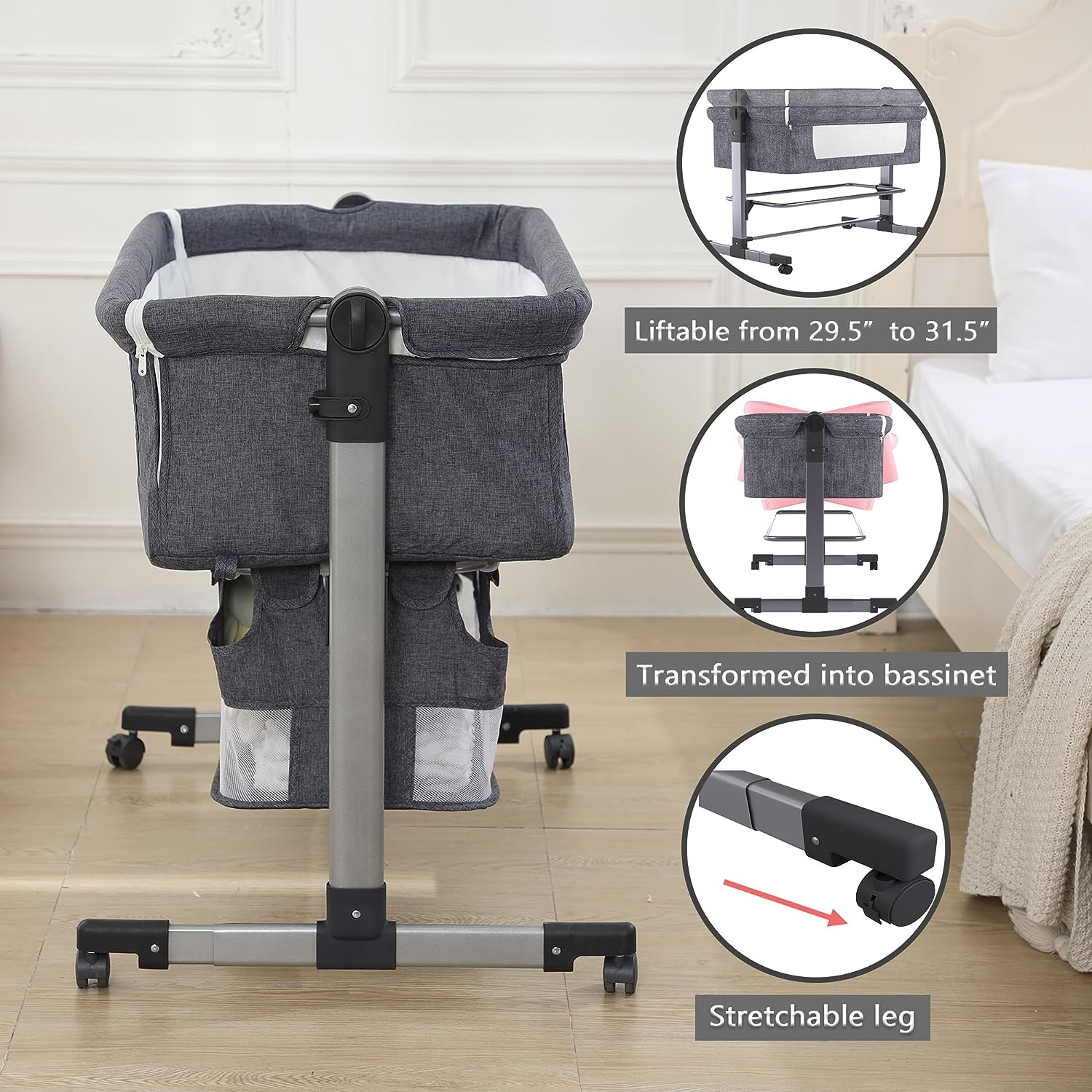 Baby Bedside Bassinet, Bedside Crib with Wheels, Adjustable Bedside Sleeper with Mosquito Net                              