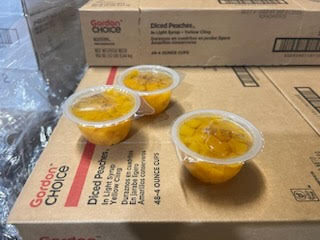 Diced peaches short dated.  case pack 24/4 oz. per case  dated sept. 023 only on the master case
