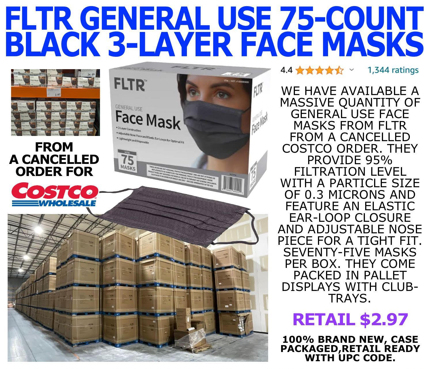 932,640 FLTR 75ct 3-Layer Face Masks 