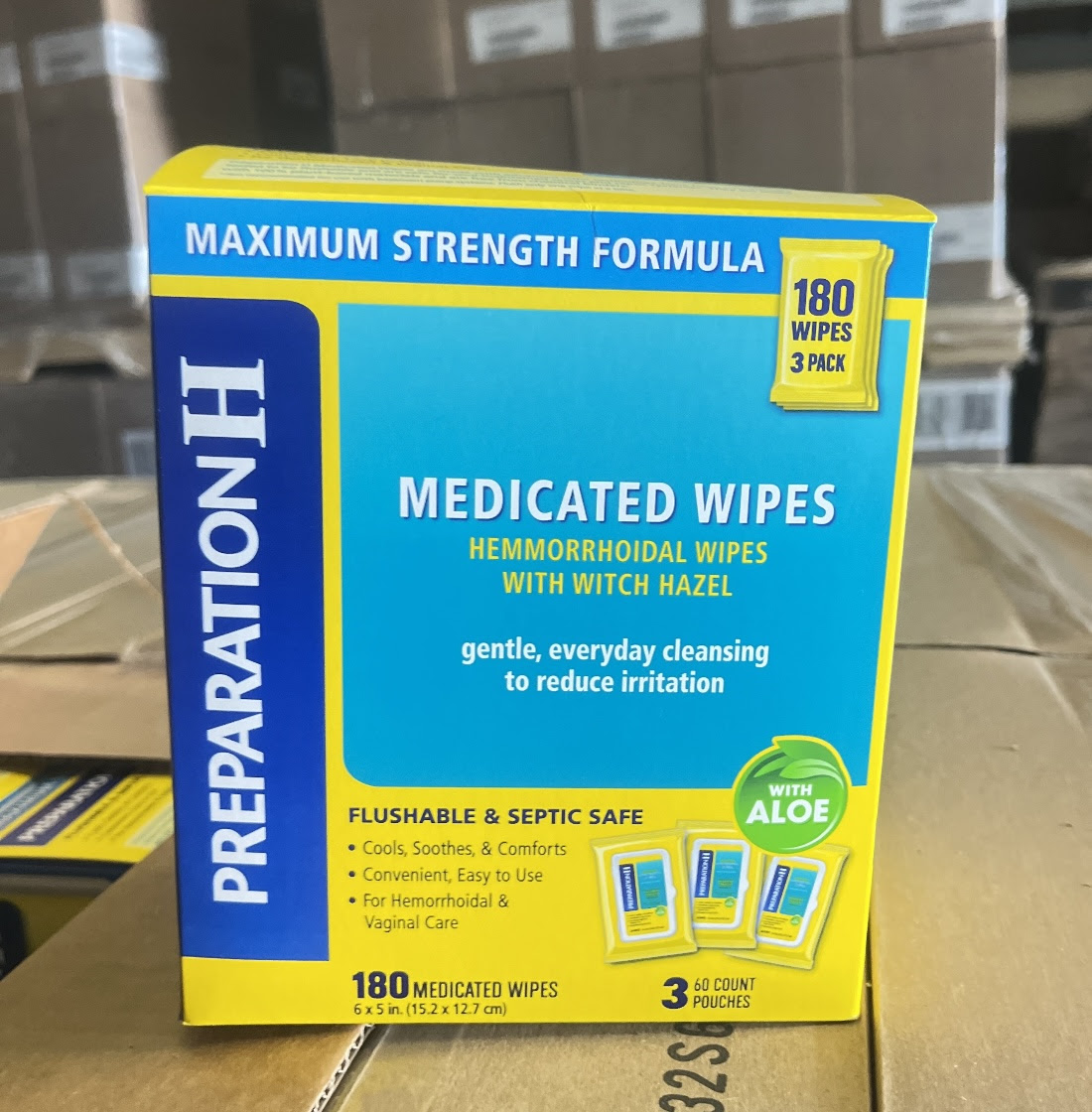 Preparation H Maximum Strength Medicated Wipes 180 Ct. 5400Boxes. EXW Los Angeles $7.95/Box.