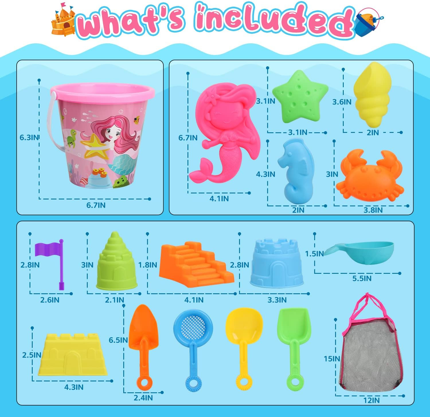 Sand Toys for Kids Beach Toys for Kids 3-10, Toddler Sandbox Toys with Beach Bucket, Sand Shovels, Sand Castle Molds, Animal Molds, Mesh Bag