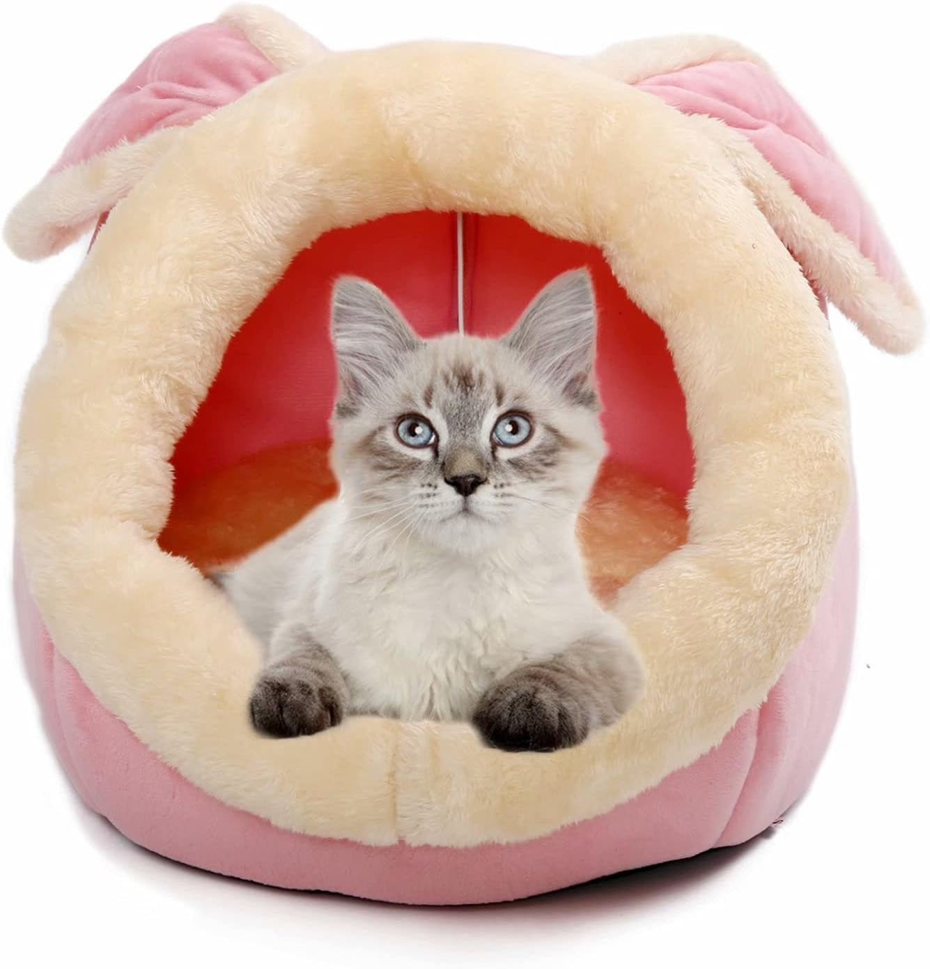 Cat/Small Dog Cave with Hanging Toy, Puppy Bed with Removable Cotton Pad, Super Soft Calming Pet Sofa Bed (Pink Medium)                 