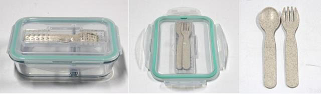 Food storage container with a spoon and fork on the lid. 