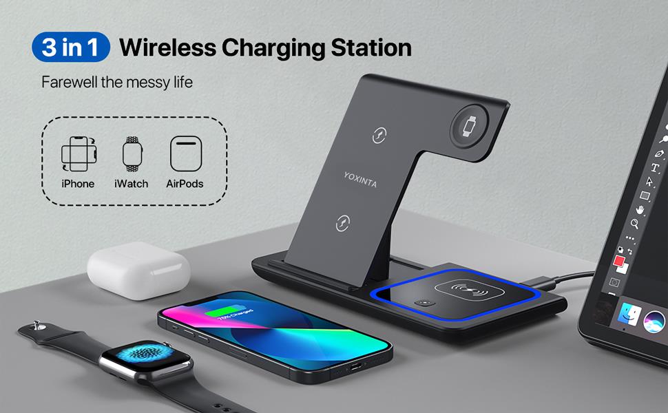 Wireless Charging Station, Fast Wireless Charger Stand for iPhone 15 14 13 12 11 Pro Max XR XS 8 Plus, for Apple Watch 8 7 6 5 4 3 2 SE,for AirPods                               