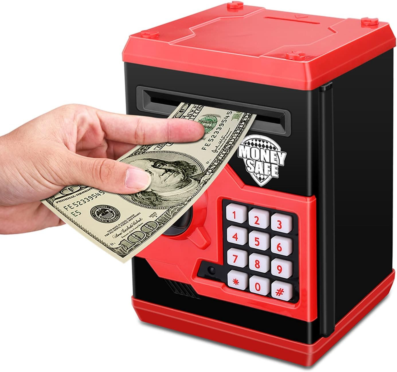 Electronic Password Piggy Bank Cash Coin Can Auto Scroll Paper Money Saving Box Toy for 6 7 8 9 10 11 12 Years Old Kids Gifts (Black red)