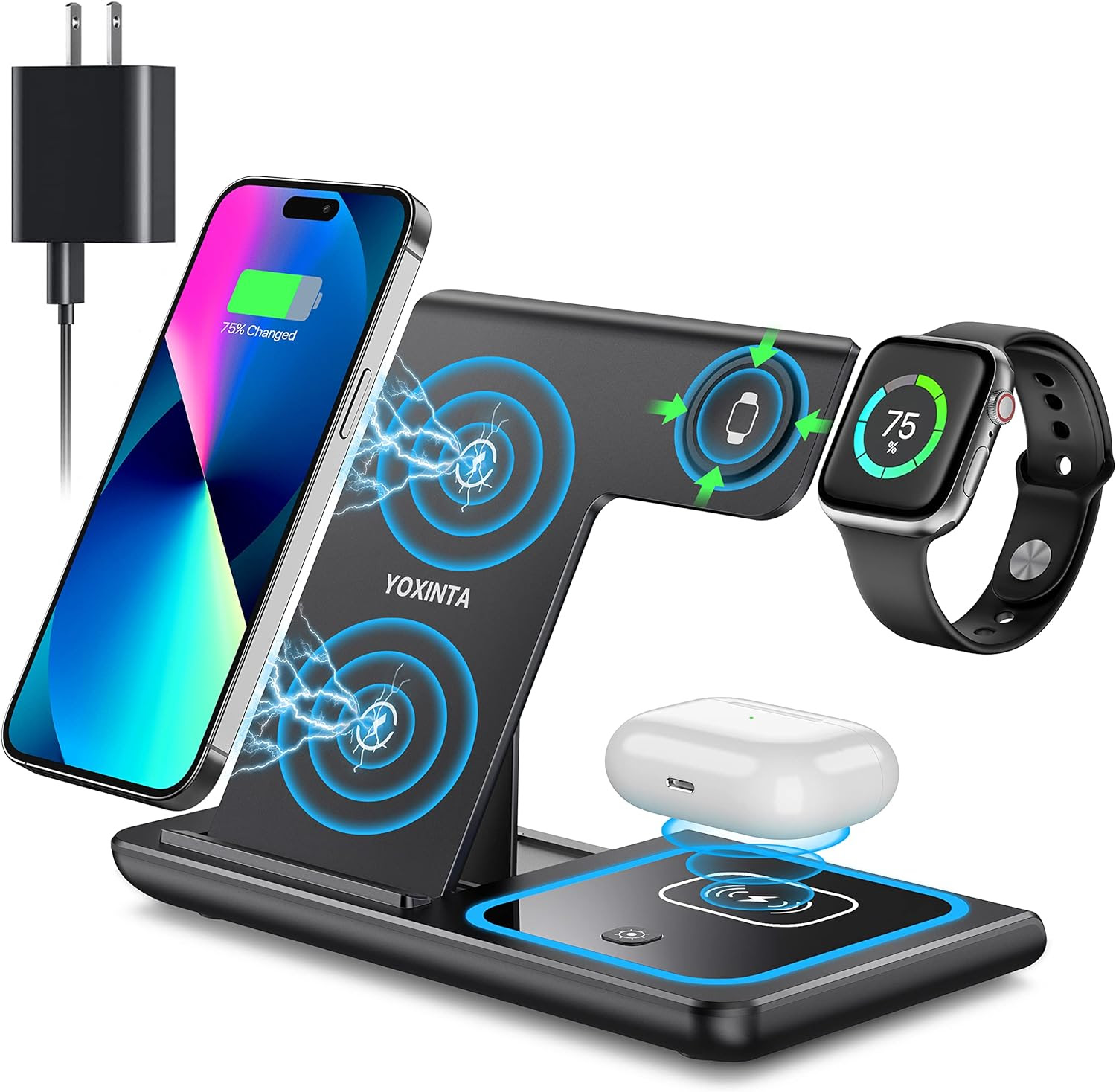 Wireless Charging Station, Fast Wireless Charger Stand for iPhone 15 14 13 12 11 Pro Max XR XS 8 Plus, for Apple Watch 8 7 6 5 4 3 2 SE,for AirPods                              