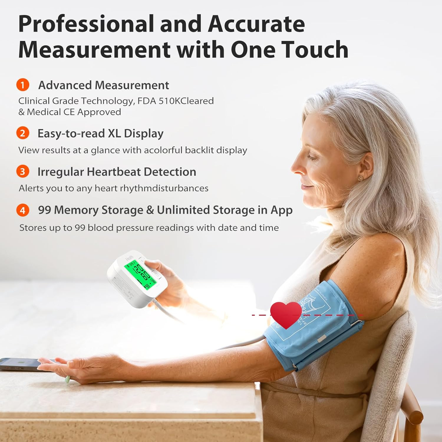 Smart Upper Arm Blood Pressure Monitor with Wide Range Cuff That fits Standard to Large Adult Arms, Bluetooth Compatible for iOS & Android Devices                               