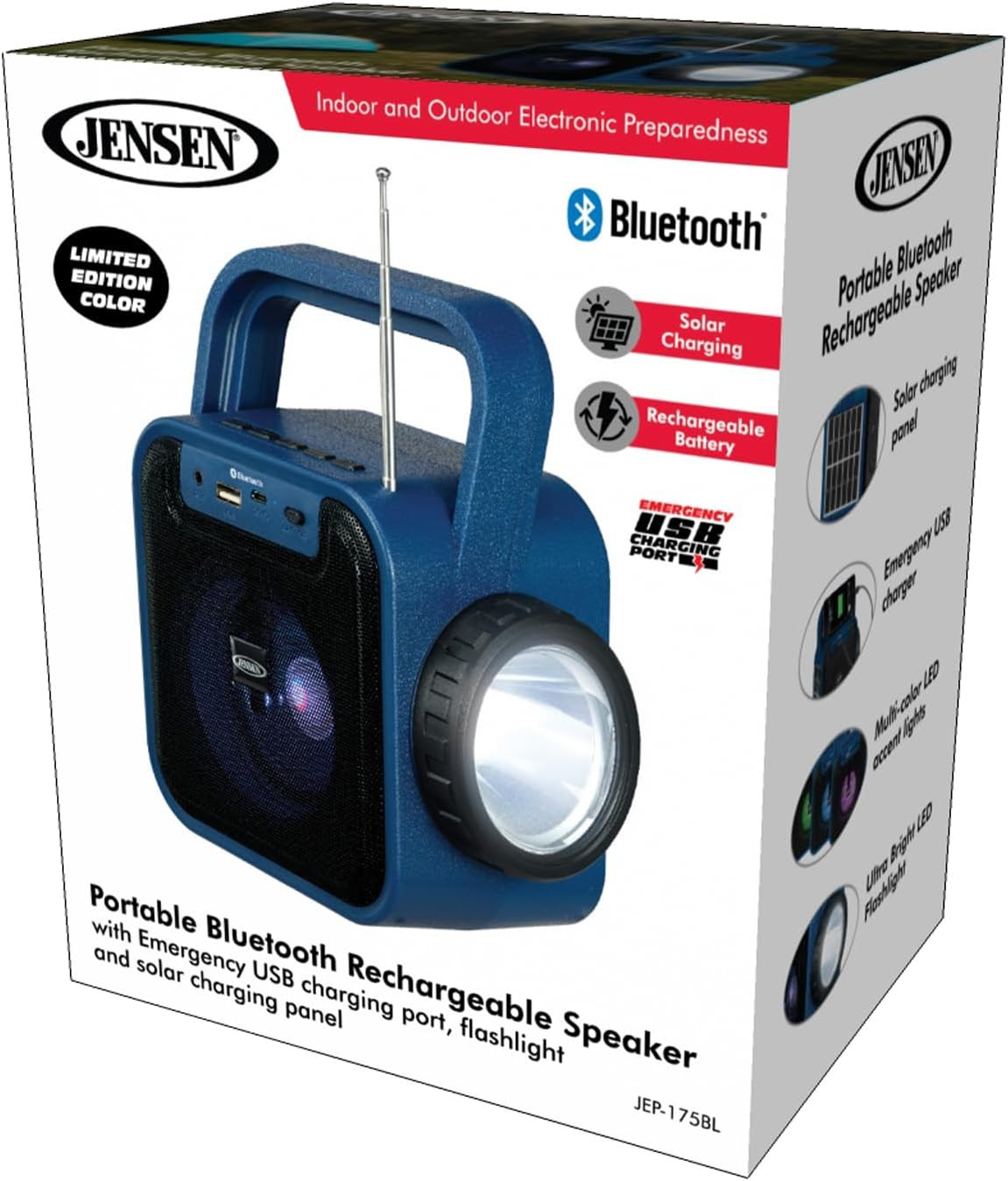 Jensen Portable Bluetooth Rechargeable Speaker with Built-in Emergency USB Charging Port, FM Radio, Flashlight & Solar Charging. 3000units. EXW Los Angeles $12.00unit.