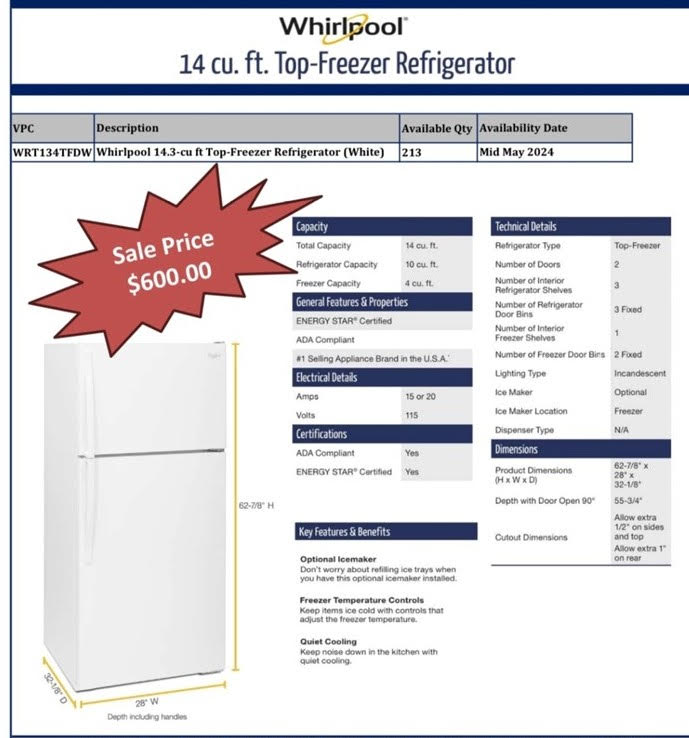 WHIRLPOOL FRIDGES- BRAND NEW- F.O.B. CALIFORNIA