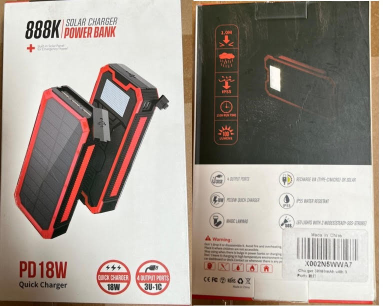 888K Solar Charger Power Bank - 30000mAh, Black - 18W Quick Charger