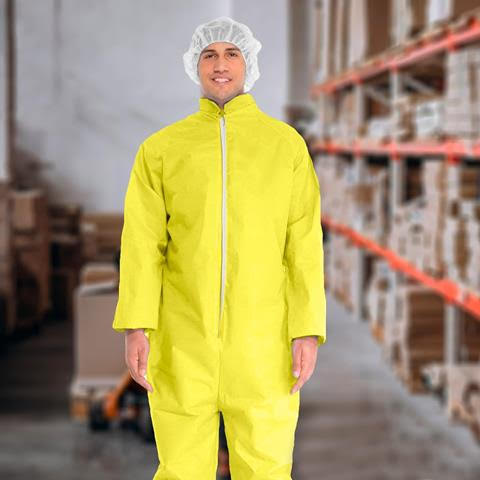 Yellow Coveralls Disposable. PE Coated PP  Suit Disposable 82 GSM with Folded Collar, Open Cut Wrists, Ankles