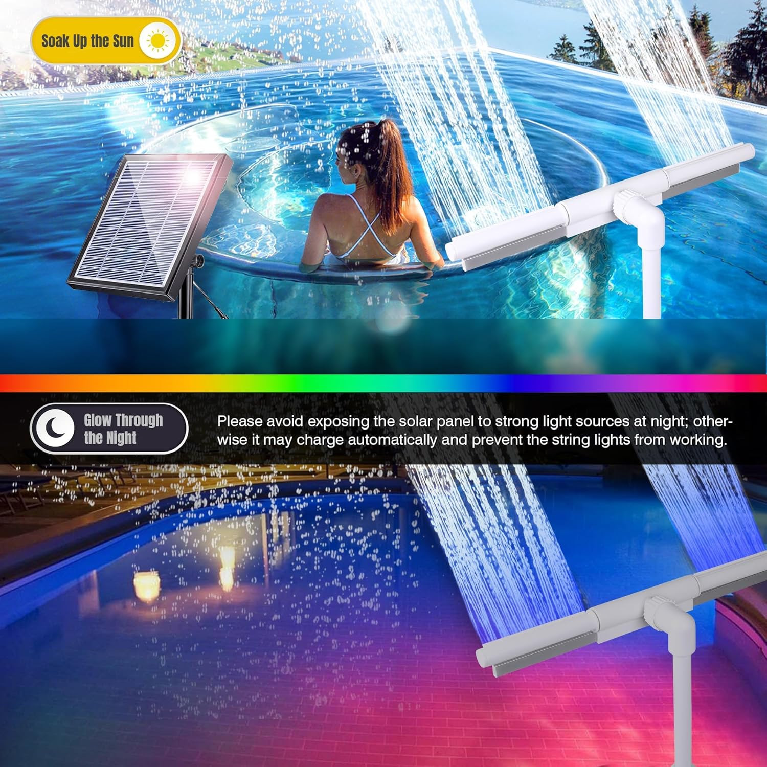 Dual Spray Waterfall & 360° Adjustable Pool Sprinkler Fountain with 22 Color Modes. 