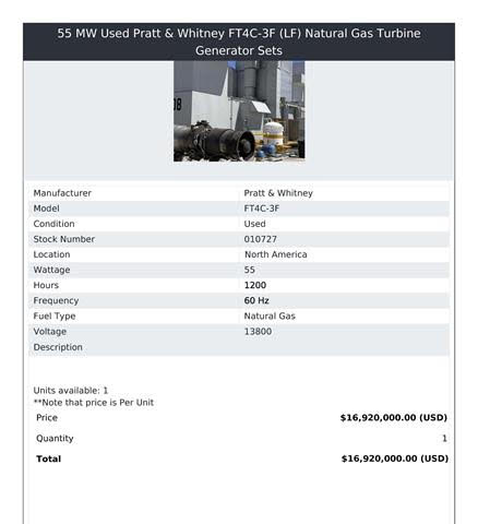 Slightly used (only 1.200 hours) 55 MW Used Pratt & Whitney FT4C-3F (LF) Natural Gas Turbine Generator Sets
