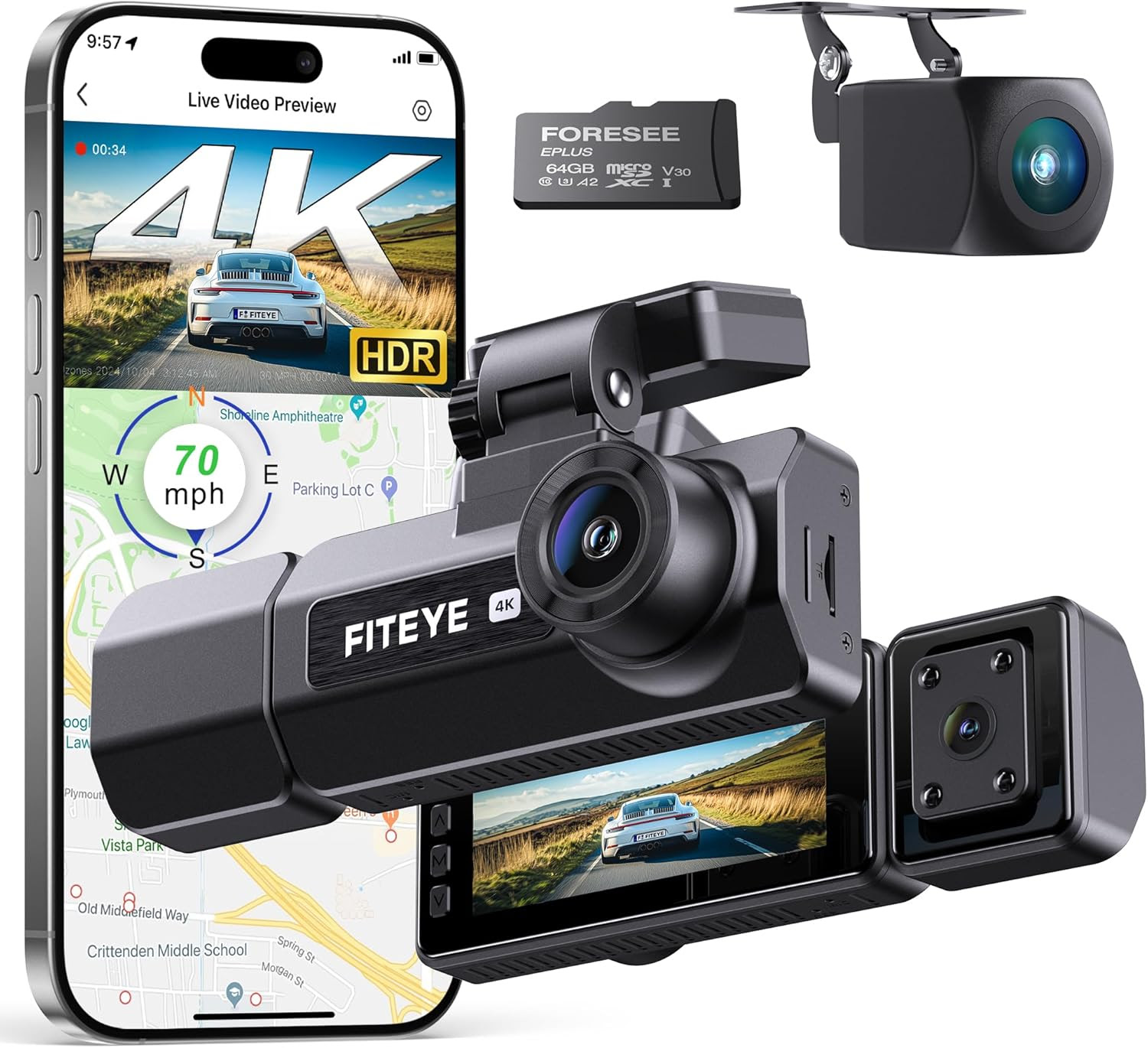 FITEYE 4K Front and Rear 3 Channel Dash Camera with IMX335 Night Vision. 1102 Units. EXW Los Angeles $21.95 Unit.