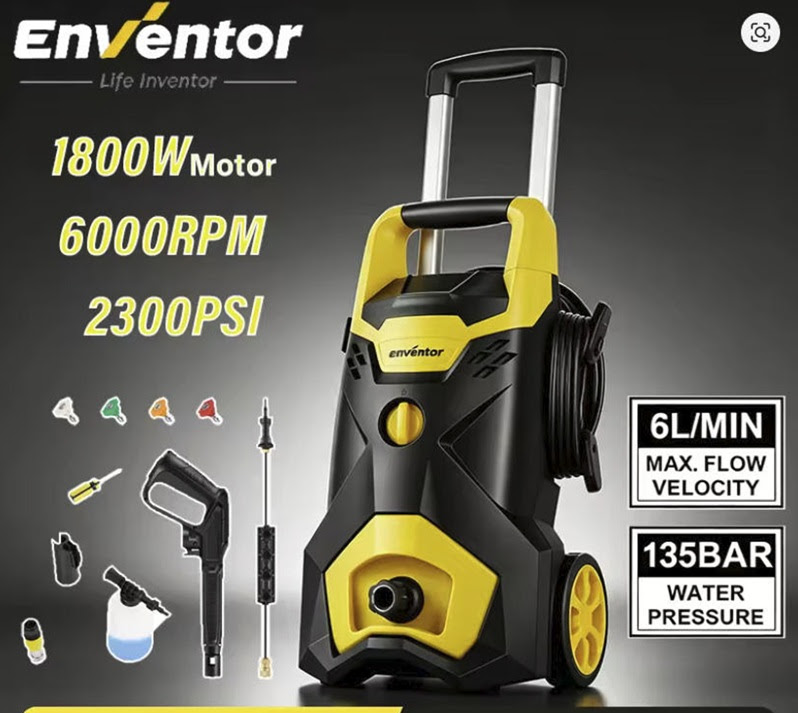 Enventor 1800W Electric Pressure Washer with Foam Cannon. 200 Units.  EXW Los Angeles $50.00 Unit. Retail $254.34 (On sale now $91.67)