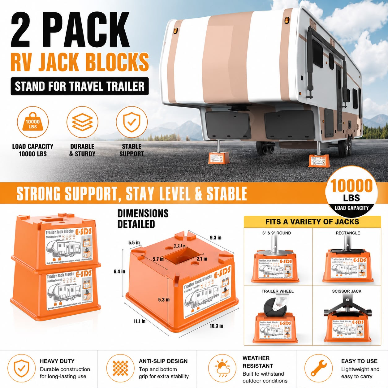 2-Pack 10000 lbs Capacity per RV Leveling Jack Block. 1200 Packs. EXW Los Angeles $14.95 Pack of 2. Retail $52.35 4-Pack