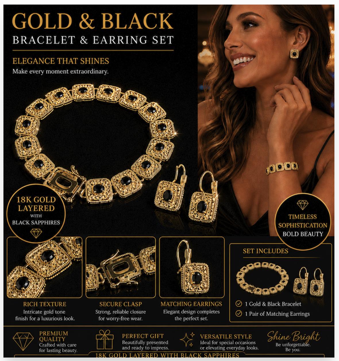 Museum Collection Gold & Black - 18k Gold Layered / Genuine Black Sapphire Bracelet & Earring Set 