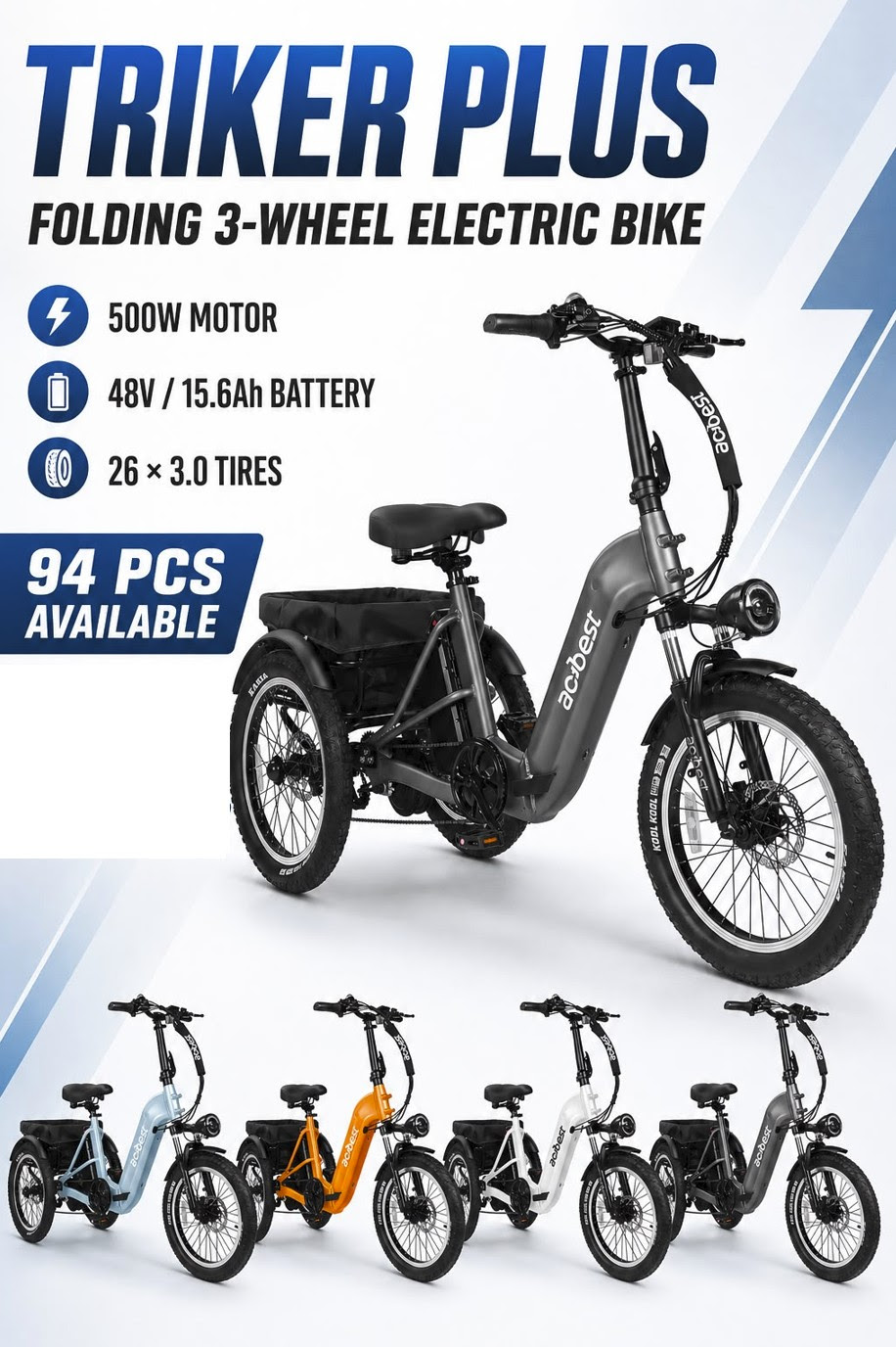 Triker Plus Folding 3 Wheels Electric Bike. 94 Units. EXW Los Angeles 550.00 Unit. Retail $1999.00 ( On sale now $989.00)