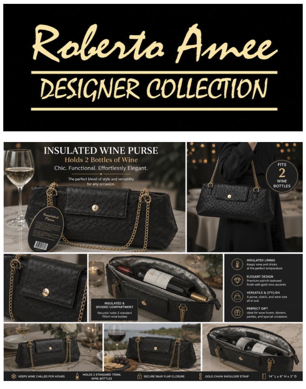Roberta Amee Insulated 2 Bottle Wine Purse, Dark Brown / Almost Black / 14x6x3 w/Tags