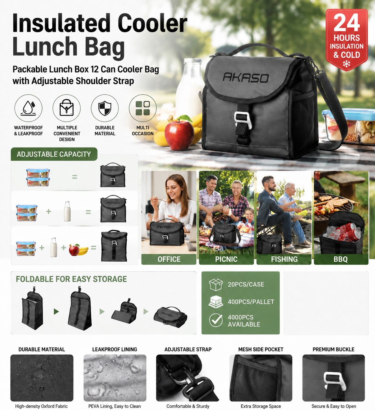 AKASO Packable Insulated 12 Can Lunch Cooler Bag with Adjustable Shoulder Strap.  8000 Units. EXW Los Angeles $5.95 Unit. Retail $39.99
