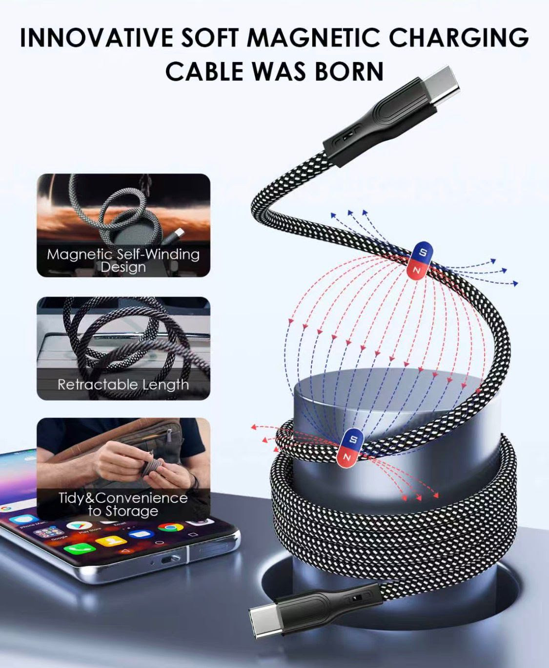 100W USB-C to USB-C Magnetic Self Coil Charger 3 FT Cable.  12000 Units. EXW Los Angeles $3.95 Unit. Retail $15.99