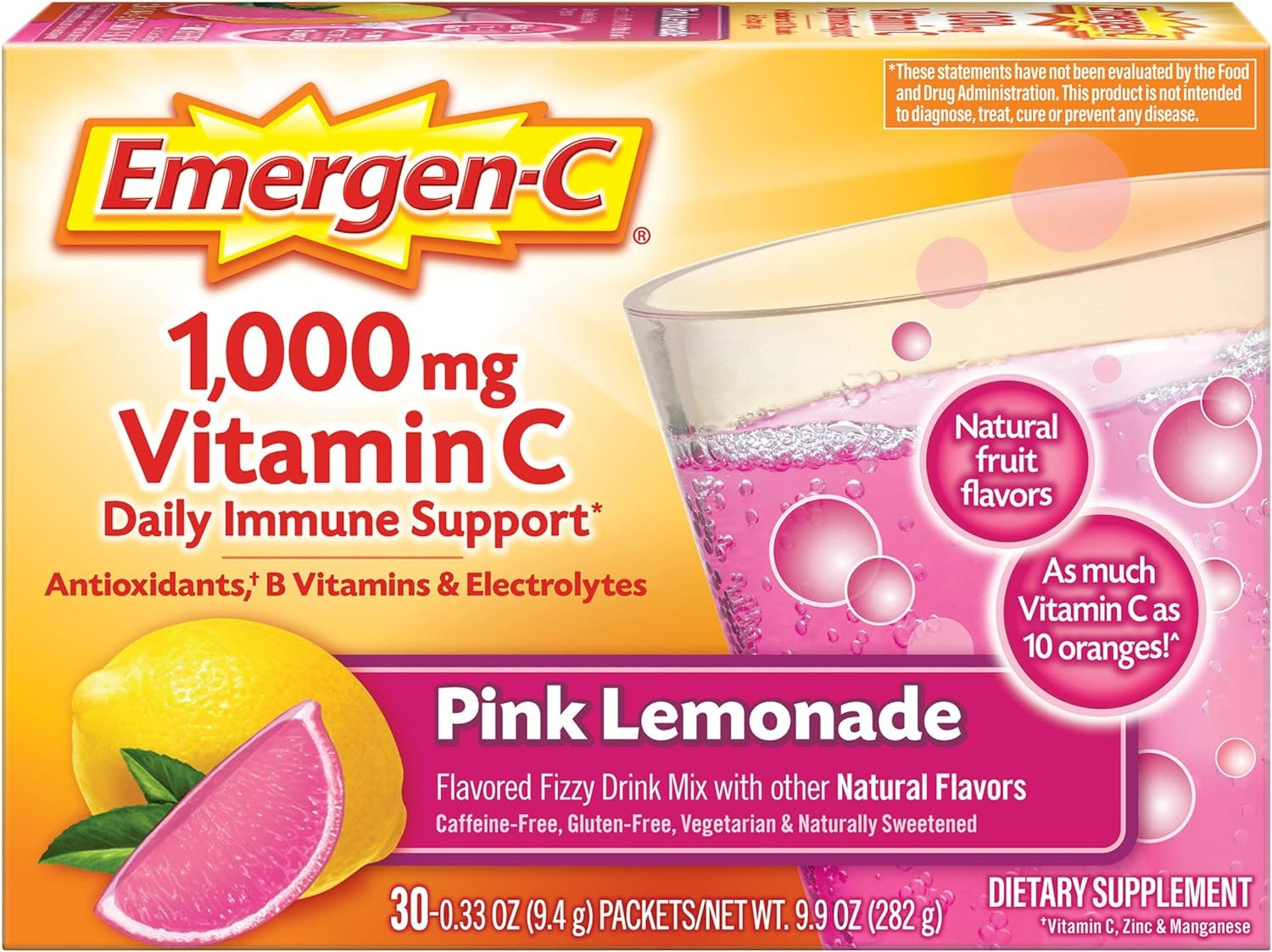 Emergen-C 30 Count 1000mg Pink Lemonade Flavor Vitamin C Powder,. 2016units.