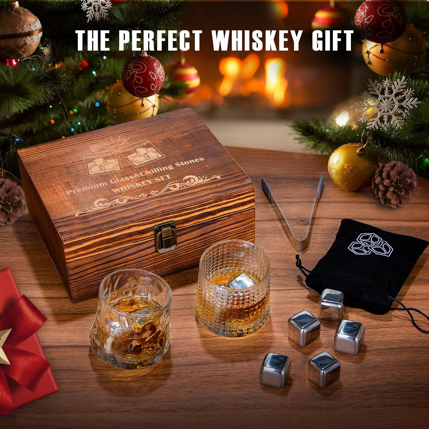 Whiskey Glasses and Stones Set with Wooden Gift Box. 