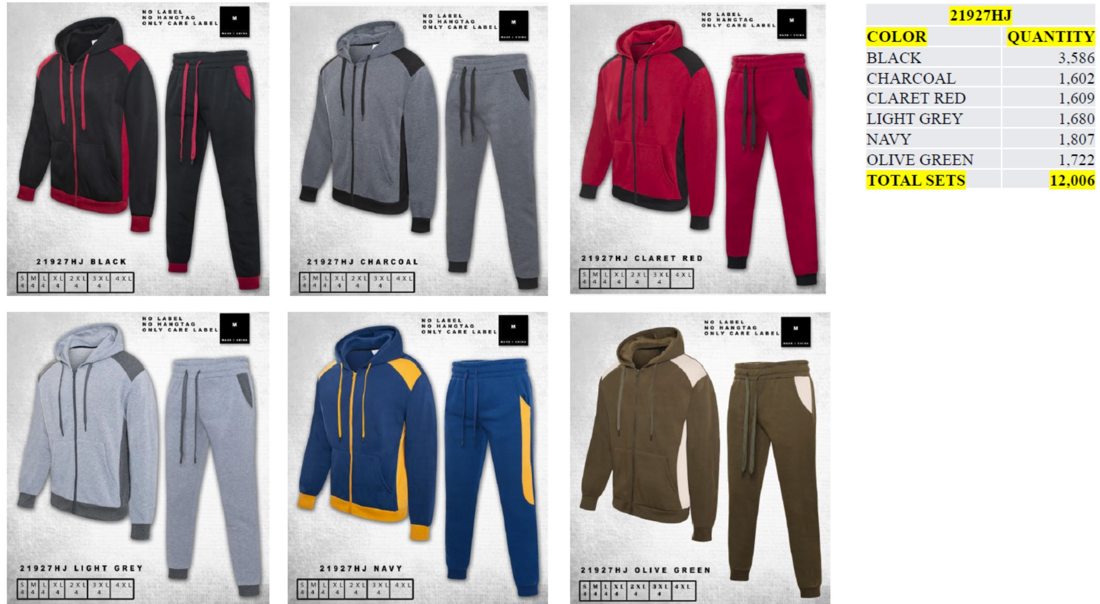 Mens 2 Piece Hoodie Sweatsuit Sets.  36,000 Sets.  EXW Los Angeles $7.95 Set.