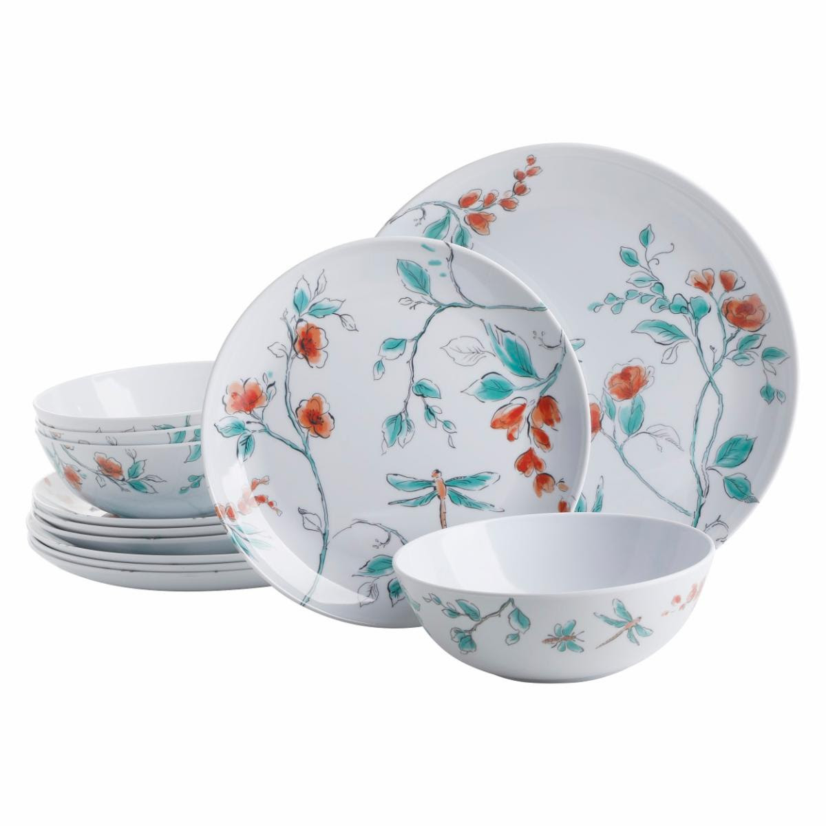 Martha Stewart Melamine 12pc Sugarfield Dragonfly Dinnerware Set