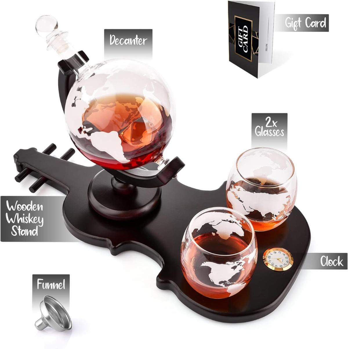 GESHANK Whiskey or Wine Decanter Set – Globe Decanter NEW Violin Shaped Stand with Watch – Liquor Decanter with 2 Etched Drinking Glasses and Bar Funnel – Beautiful Gift Packaging – 850ml