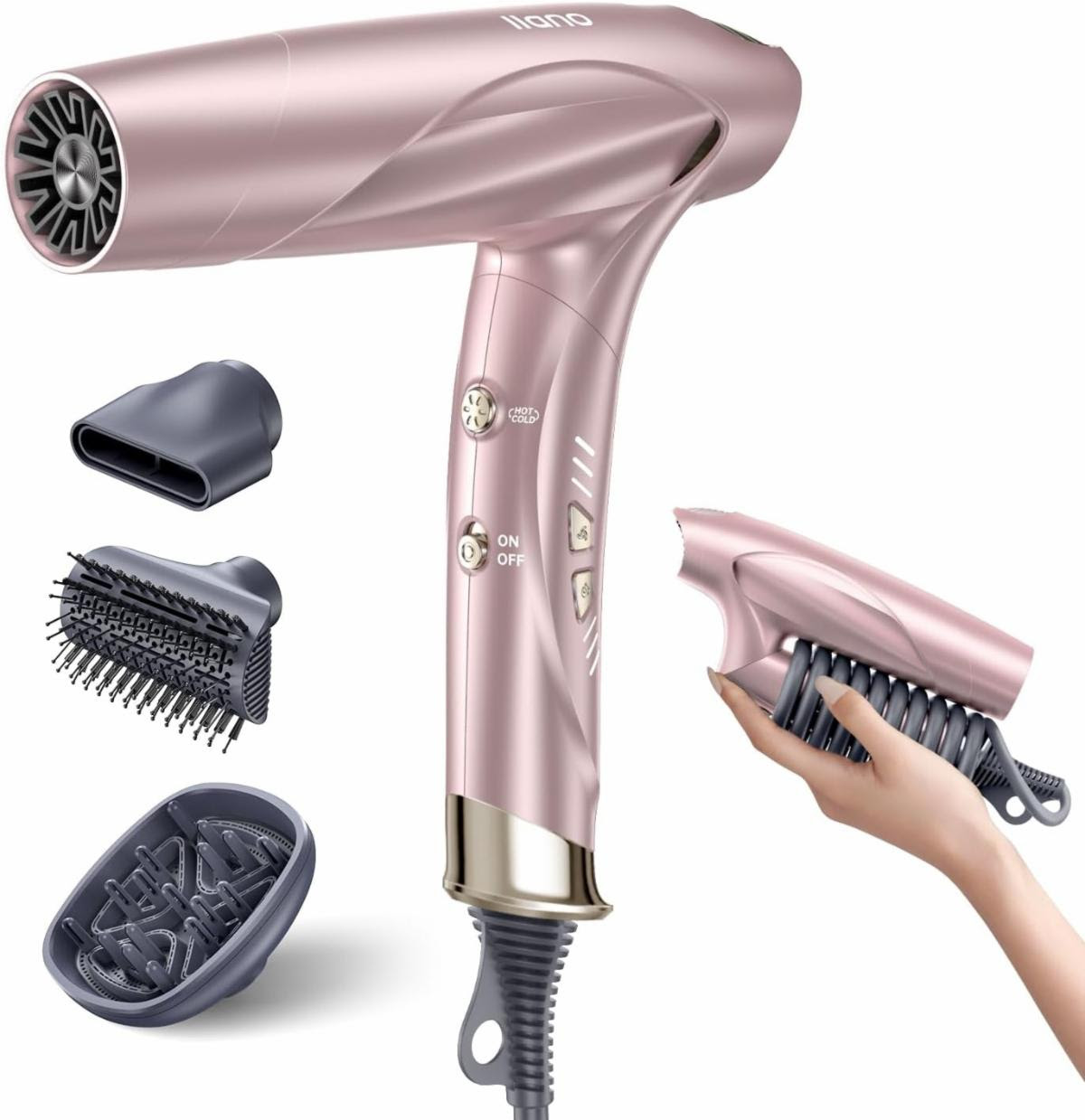 IIano High-Speed Ionic Hair Dryer with Diffuser for Curly, Brushless Motor High RPM Fast Drying Professional Salon Blow Dryer with 200million ions, Frizz Free/No Heat Damage/Lightweight/Foldable for Women - Gift Boxed