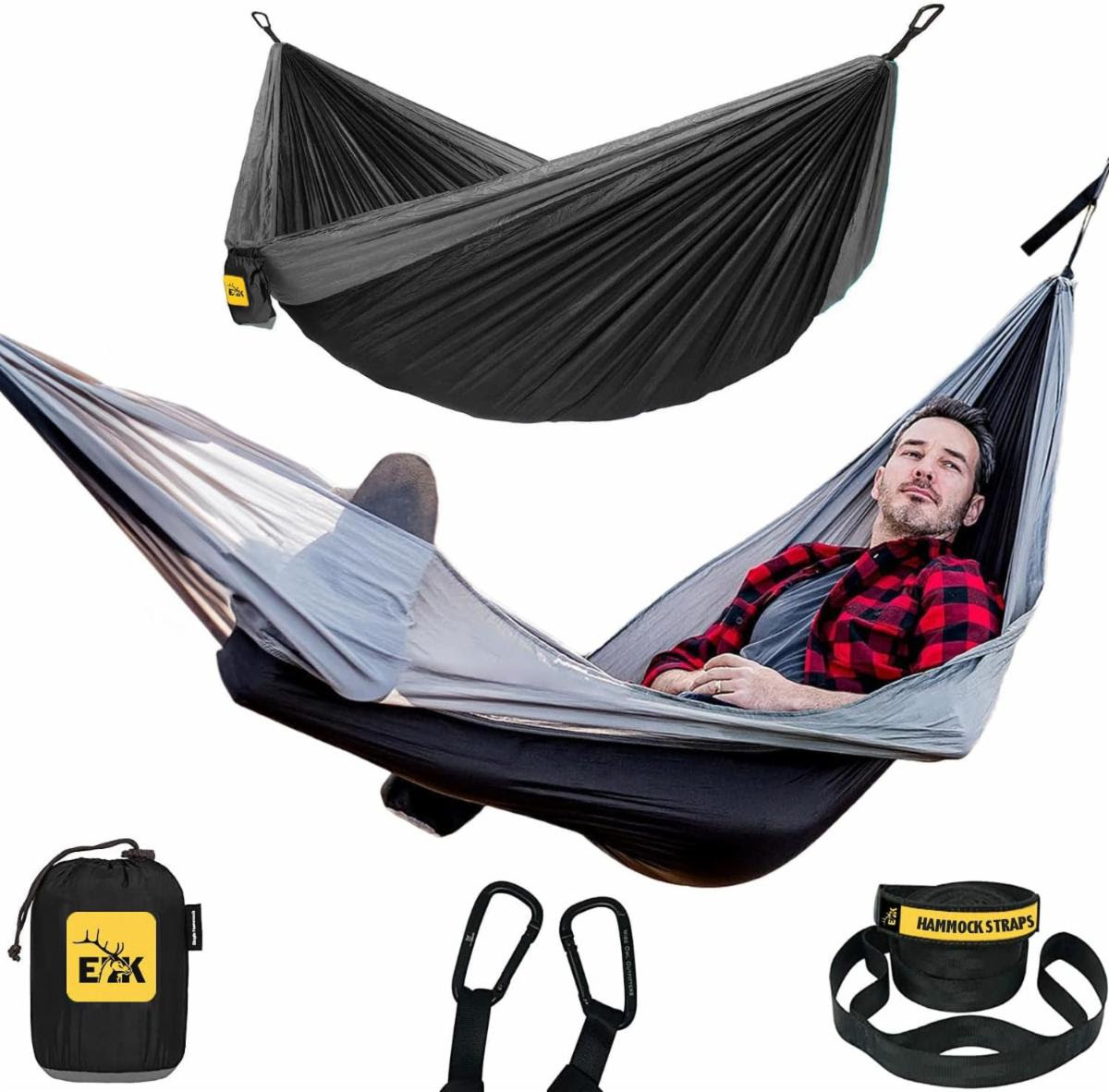 ELK Single Hammock with Tree Straps - Lightweight Parachute Nylon for Outdoor Adventures (Black/Gray, Single)