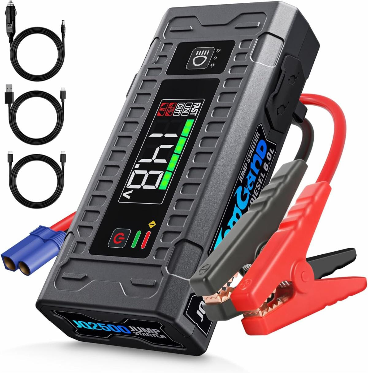 Jomgand JQ2500 Portable Lithium Jump Starter, 12V 2500 Amp Car Battery Booster Pack for Upto 8.5L Gas or 6.5L Diesel Engines, Jump Box and Jumper with 100W Two-Way Fast Charge, 24 Months Long Standby