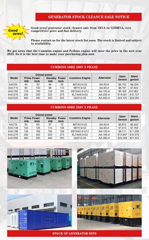 GENERATOR STOCK CLEARANCE SALE NOTICE