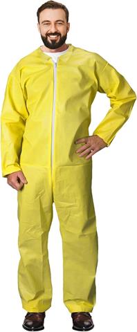 Yellow Disposable Coveralls, Medium. Pack of 5 Liquid Resistant Lab Coveralls Disposable. PE Coated PP Painters Suit Disposable 82 GSM with Folded Collar, Open Cut Wrists, Ankles