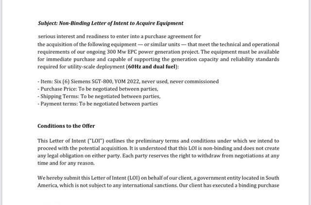 subject:Non -Binding of Letter of Intent Acquire Equipment