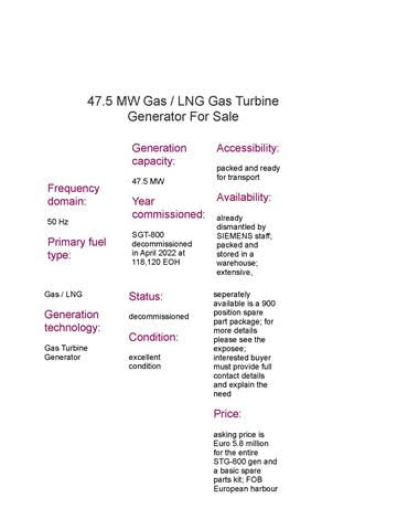 Siemens SGT-800 Turbines -NEW offer - -