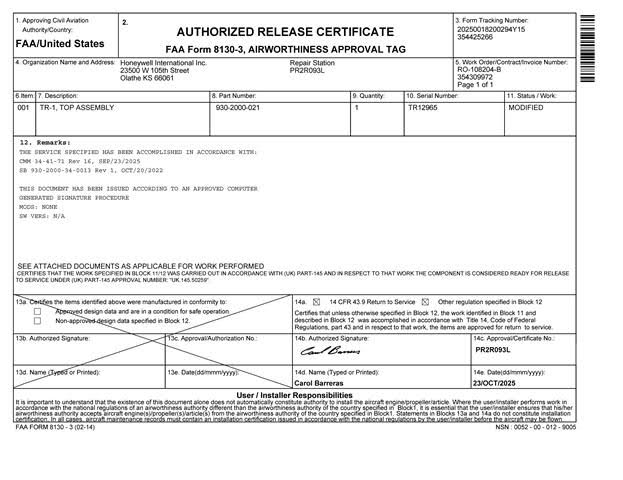 available the following part number : 930-2000-021 (TRANSCEIVER RADAR) 