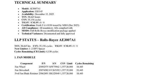 commercial offer for the AE3007A1 engine