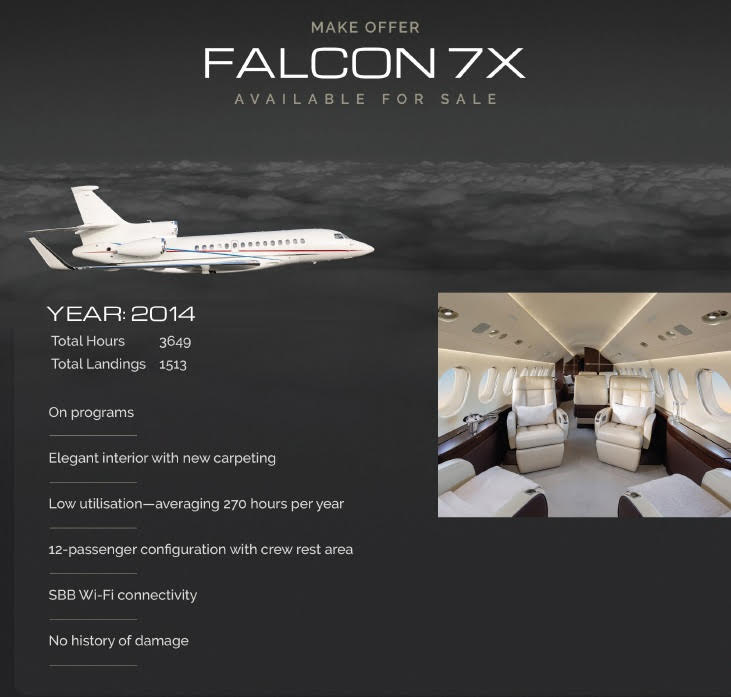 Falcon 7X For Sale+2014+Low Hours+On Programs+Elegant Interior+Crew Rest